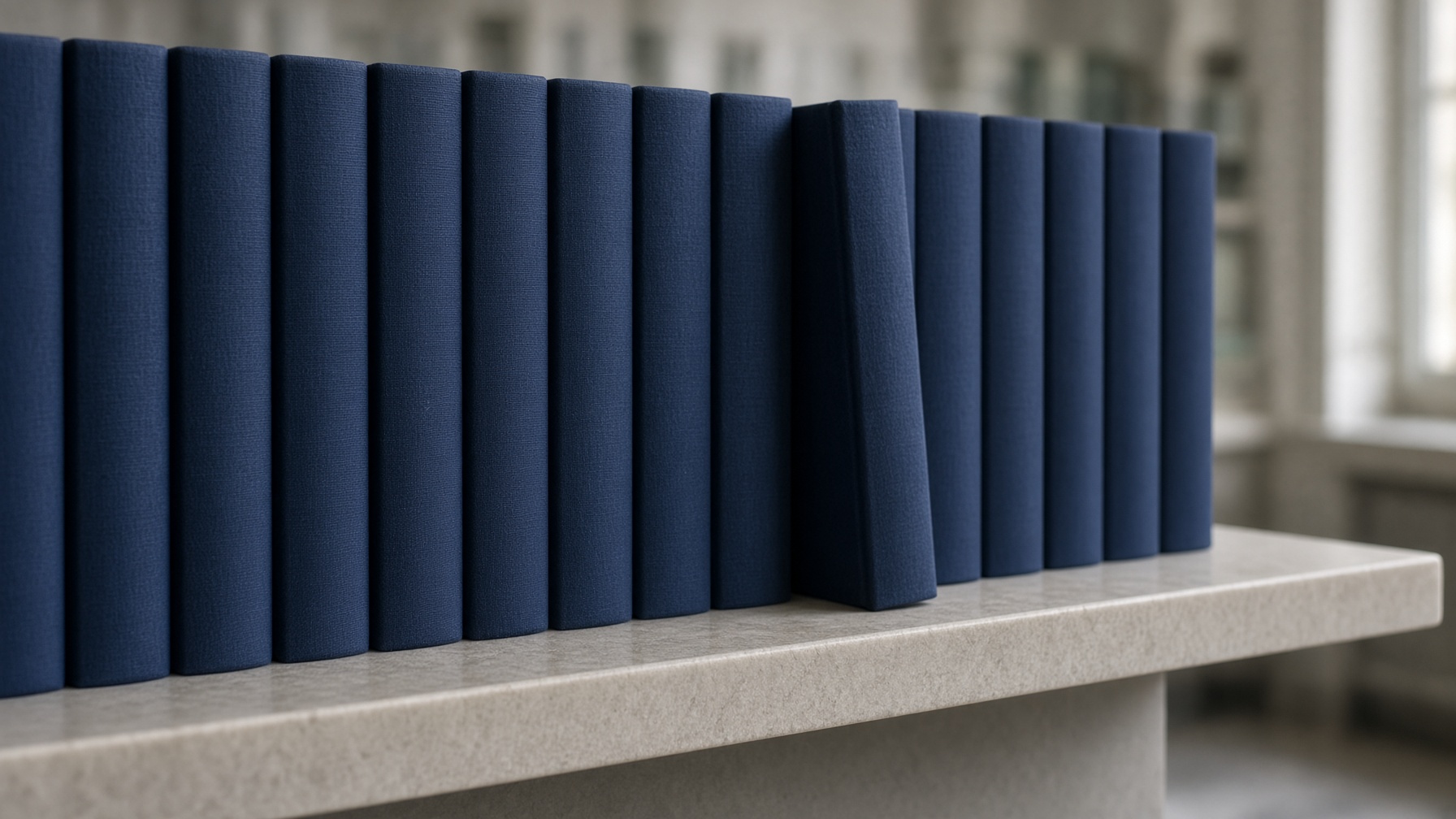 Navy clothbound archival volumes on a pale shelf.